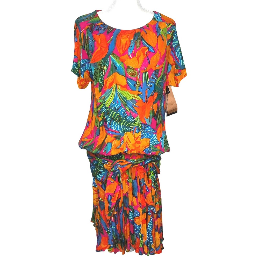 Vintage‎ Carole Little Tropical Floral Dress Womens 6 Multicolor Rayon Gauze NOS